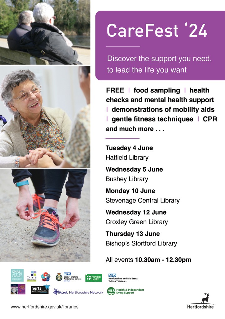On Tuesday 4th June, head over to #HatfieldLibrary between 10:30 am - 12:30 pm for #CareFest2024 Staff from local services will be showcasing essential mobility aids, life-saving techniques, gentle fitness routines, and more! #HealthyHerts #WhatsOnWelHat