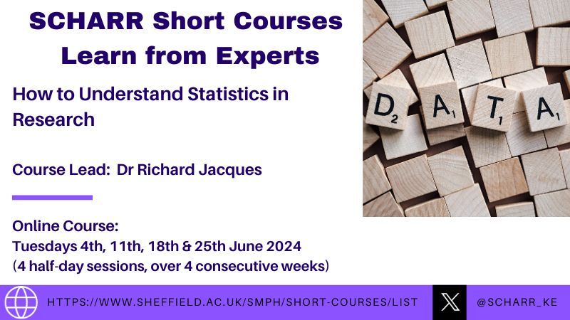 SCHARR Knowledge Exchange (@scharr_ke) on Twitter photo 📣 Bookings are open for our online course How to Understand Statistics in Research
🕐 Tuesday 4th June - Tuesday 25th June 2024 (4 half-day sessions, over 4 consecutive weeks)
🔗 buff.ly/4a6NHJb for info or to book your place.
👨🏫 Course lead <a href="/Rich_Jay/">Richard Jacques</a>
#statistics 📣 Bookings are open for our online course How to Understand Statistics in Research
🕐 Tuesday 4th June - Tuesday 25th June 2024 (4 half-day sessions, over 4 consecutive weeks)
🔗 buff.ly/4a6NHJb for info or to book your place.
👨🏫 Course lead <a href="/Rich_Jay/">Richard Jacques</a>
#statistics