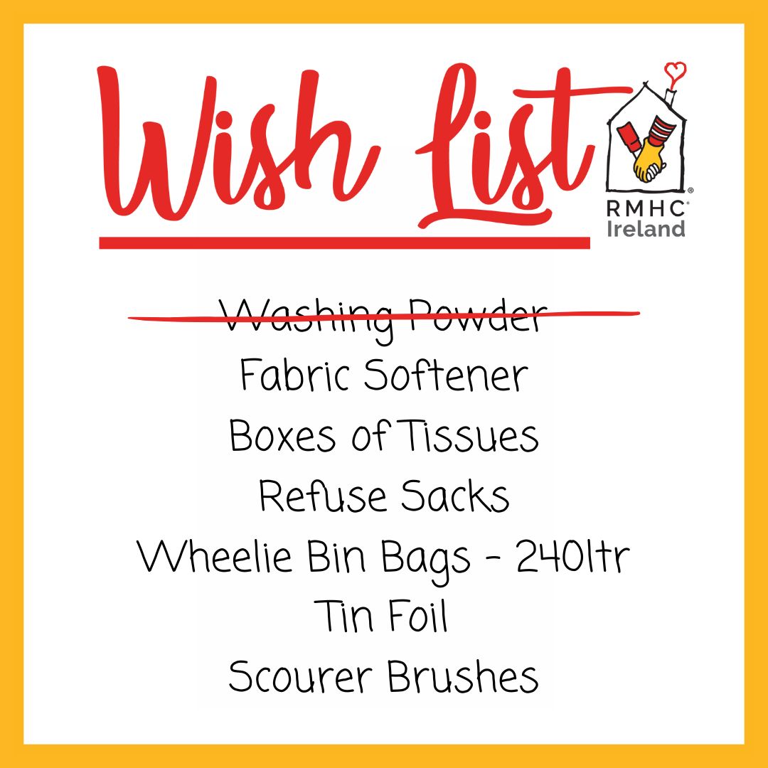 ✨ It's Wishlist Wednesday ✨ 'Thanks for your donations! We still need some essential items 🧺🧼. If you or your company can help families in need, please contact us 🏠💛 📞 (01) 456 0435 📧 fundraising@rmhc.ie 💌 DMs open'