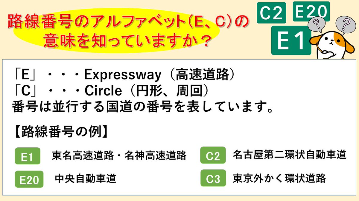 【#高速道路豆知識】 路線番号のアルファベット「E」「C」の意味を知っていますか❓🛣 訪日外国人をはじめ、 すべての人に、分かり易い道案内のために「高速道路ナンバリング」が2017年に導入されました💡 Eは「Expressway（高速道路）」を、