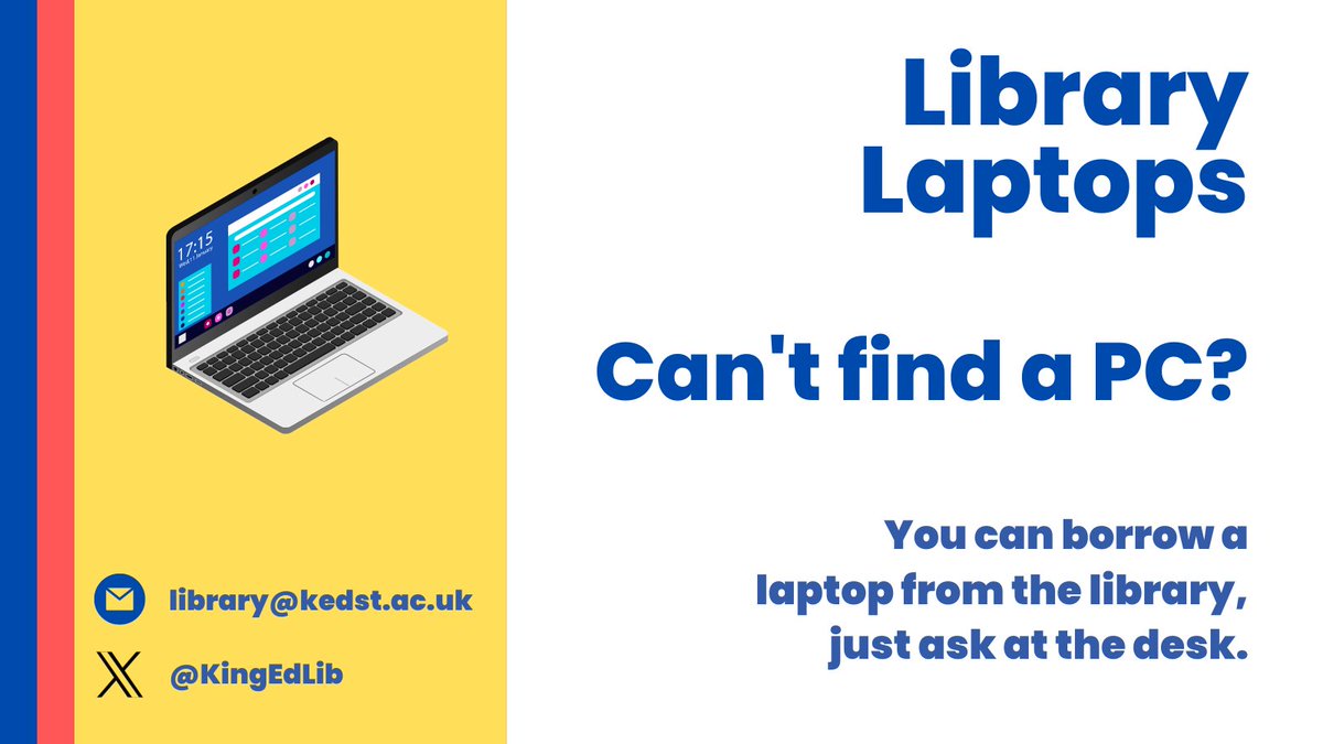 KingEdLib's tweet image. 📢Reminder: We have 16 PCs in the library, but you can also loan one of our laptops. Just ask at the library desk.💻✅ 
#YourLibrary #Study #kedst