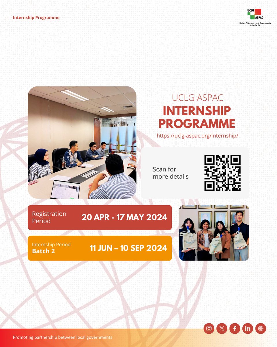 UCLG ASPAC Internship Programme (UAIP) Batch 2 is OPEN!
Scan the QR code or visit our Internship page for more details.
#internship #development #uclgaspac #localgovernment