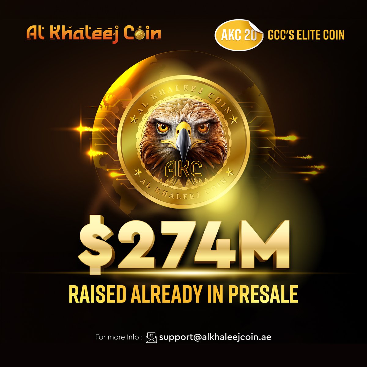 🚀 Incredible Milestone Alert! 🚀 Our PreSale has already raised a staggering $274M! Join the revolution now and be a part of the future of finance with us! #PreSale #Crypto #Finance #akc #alkhaleejcoin #gcccoin #elitecoin #PresaleAlert