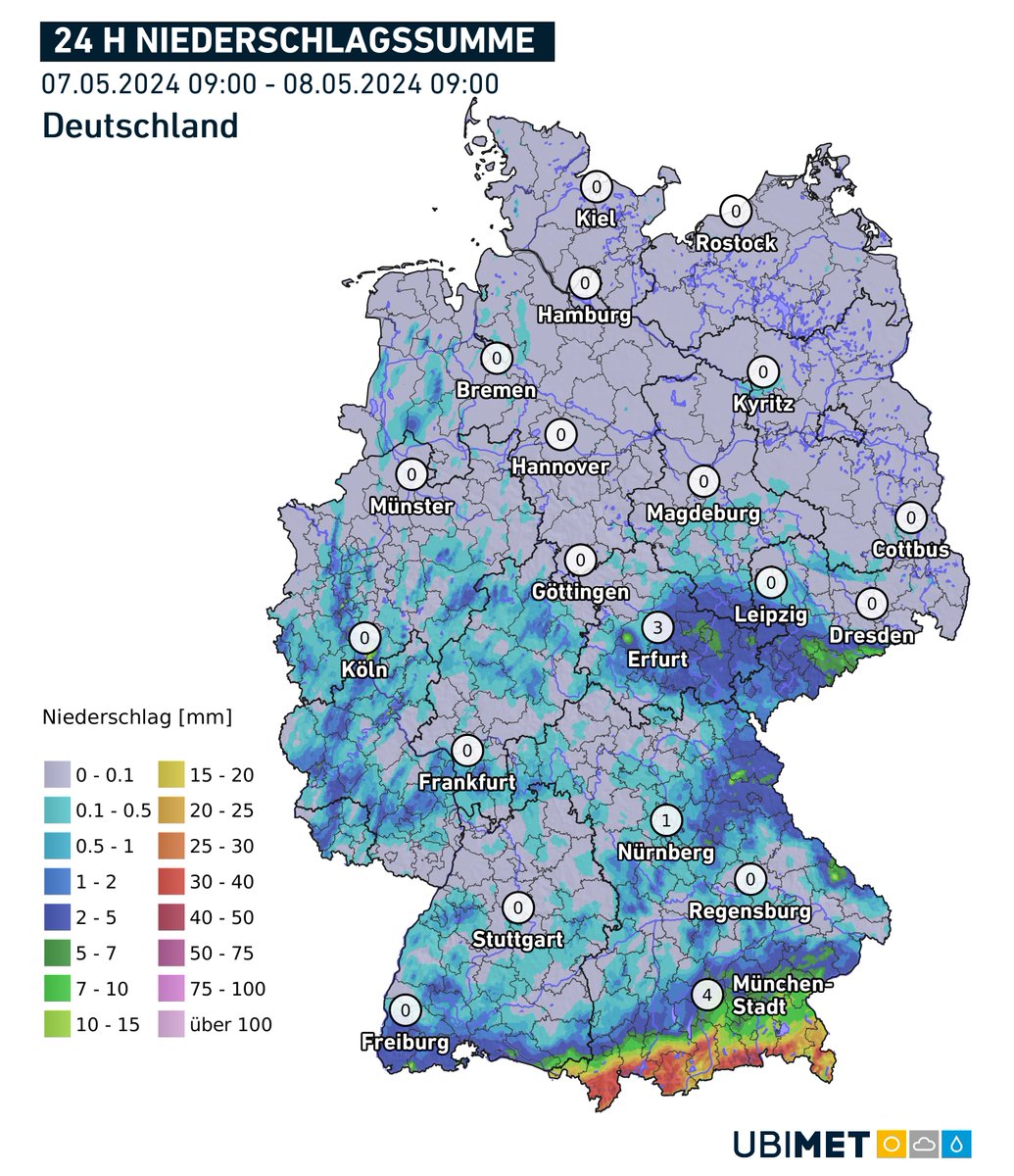 In den vergangenen 24 Stunden gab es am Alpenrand größere Regenmengen - verantwortlich hierfür ein Tief über dem Mittelmeer.
In Garmisch-Partenkirchen waren es gut 40 l/m², in Oberstdorf 35 l/m².
Ab morgen herrscht aber auch hier freundliches Wetter!