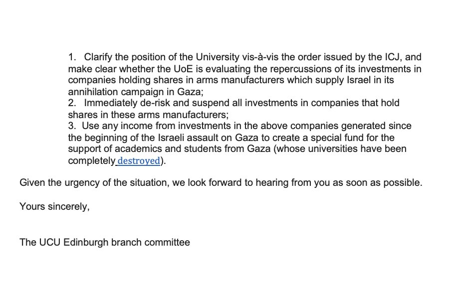 The @ucuedinburgh just sent a letter to the University of Edinburgh Principal, supporting the @eu_jps encampment and its demands for divestment, urging our university to disclose, divest, and create a special fund for the support of academics and students from Gaza