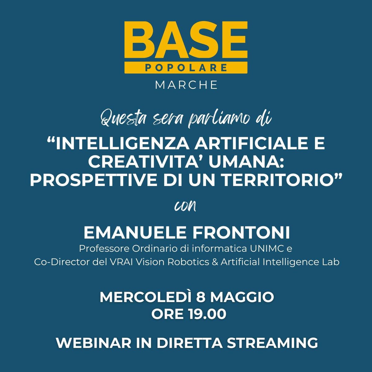 Questa sera una iniziativa di Base Popolare Marche: “Intelligenza artificiale e creatività umana: prospettive di un territorio: tinyurl.com/webinar08maggi…