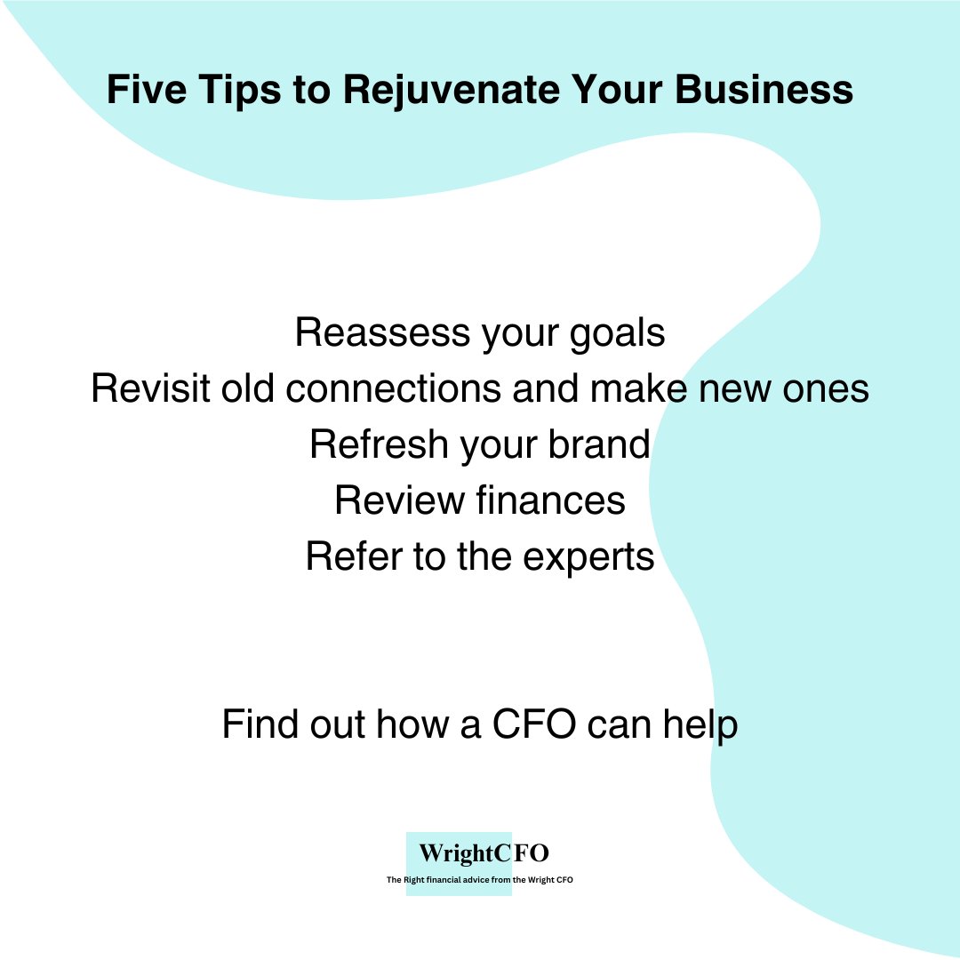 Five Tips to Rejuvenate Your Business Reassess your goals Revisit old connections and make new ones Refresh your brand Review finances Refer to the experts Find out how a CFO can help