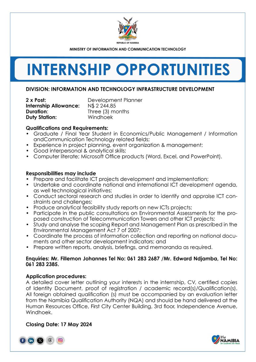 INTERNSHIP OPPORTUNITIES - The Ministry of Information and Communication Technology invites final year students to apply for internship positions. Application deadline: 17 May2024.