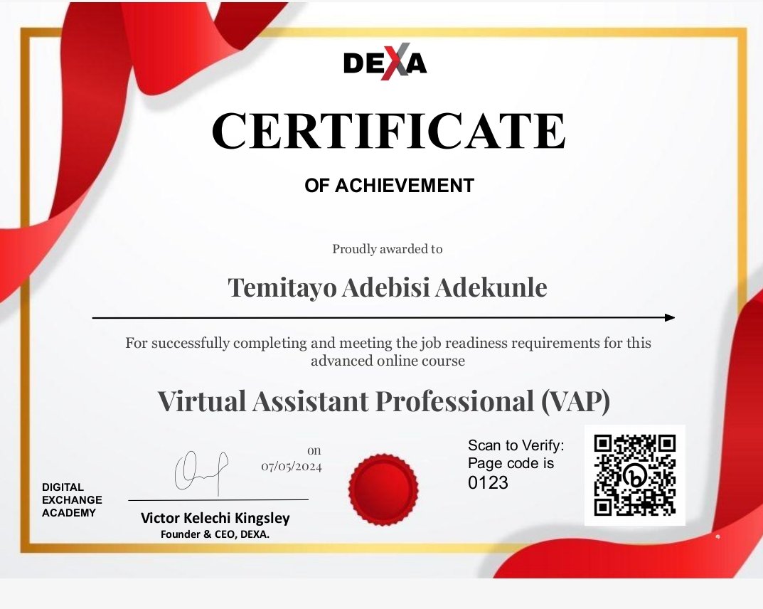 'Exciting news! 🚀 Fresh from completing the Virtual Assistant Professional Certification Course at @Learnwithdexa . 
I'm immensely grateful to @Learnwithdexa @ErinBooth, and @leanlailacaba for their invaluable guidance and expertise which have truly enriched my learning journey.