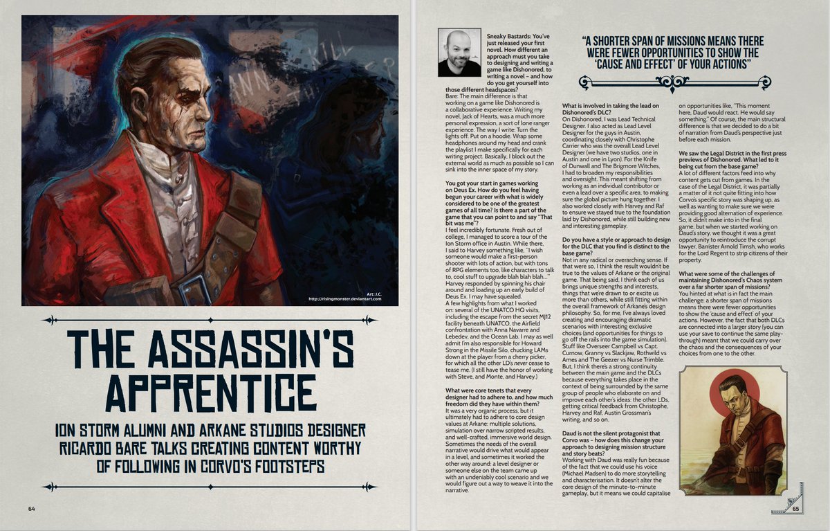 dhindes's tweet image. In honour of Arkane Austin, I am making the 100-page digital magazine we at @sneaky_bastards created free forever. This is a full publication dedicated to Dishonored 1 and its DLCs, including exclusive interviews with the development team. Link in the reply.
