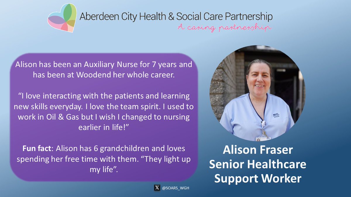 Another day closer to #InternationalNursesDay so lets meet more of the Woodend team! 'I used to work in Oil & Gas but I wish I changed to nursing earlier in life!' Here we meet Alison Fraser, Senior Healthcare Support Worker 🏥 #IND2024 #OurNursesOurFuture