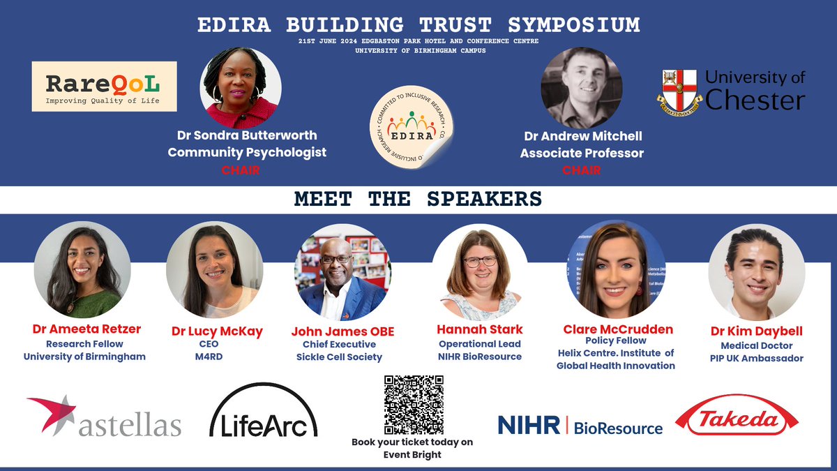 Get your tickets for the #EDIRA Building Trust Symposium @RareQoL event on the 21st June 2024 in Birmingham. Fantastic array of speakers @SondraB_RareQoL @M4RareDiseases @NIHRresearch @SickleCellUK @TakedaPharma @NIHRBioResource @AstellasEurope @lifearc1 rareqol.com/edira-2024-sym…