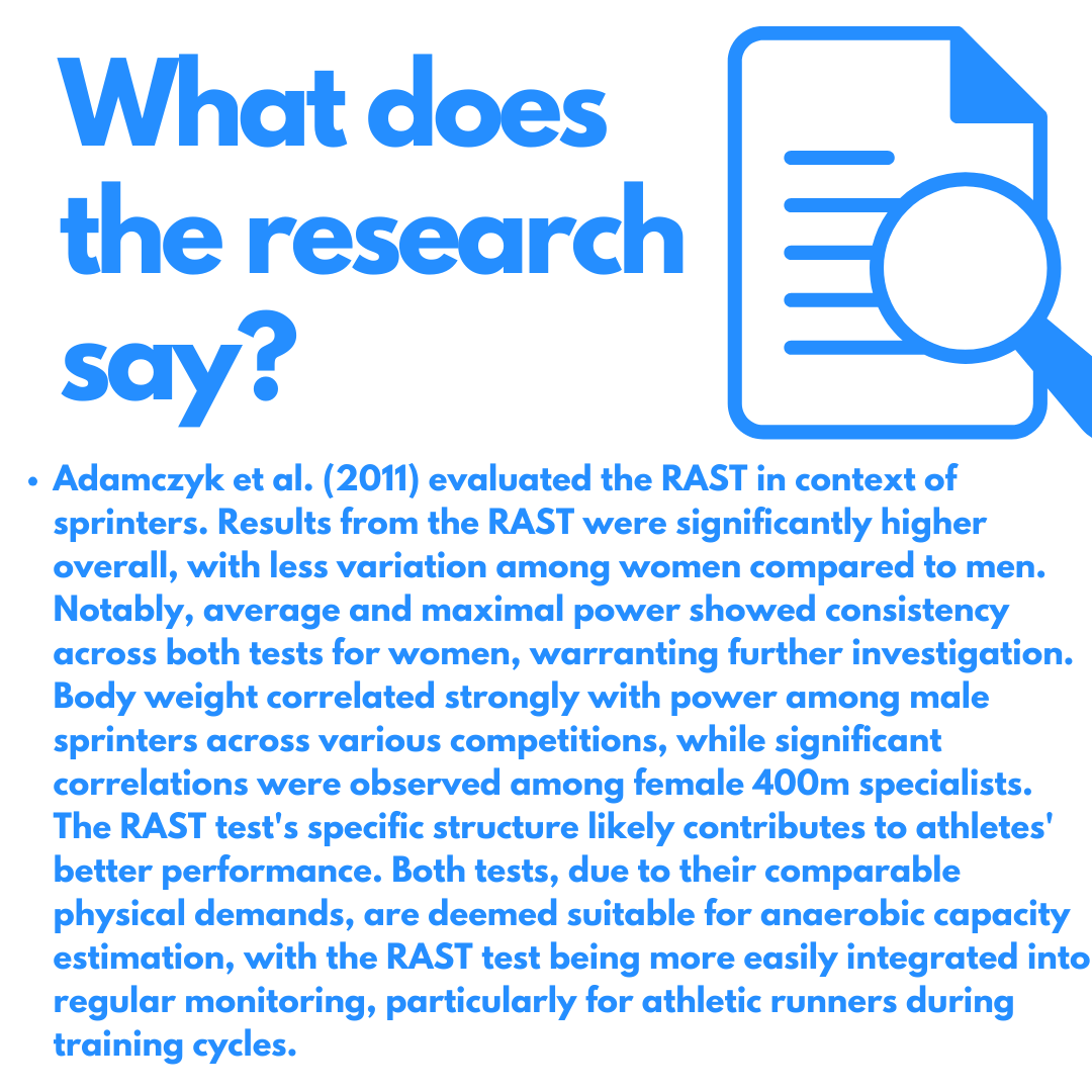 🏃‍♀️💨 Measure anaerobic power like a pro with the Running-Based Anaerobic Sprint Test (RAST)! 🏃‍♂️ Designed for athletes, this field test simulates game intensity, providing invaluable insights for tailored training. Sprint, rest, record - unleash your potential! 🚀