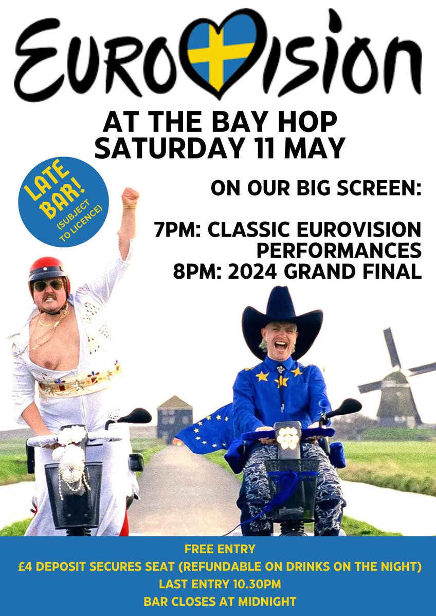 This Saturday...

Just 1 table and a handful of individual seats left for our Eurovision night! Grab a seat with a £4 deposit which you get back on your drinks on the night.

Limited walk-ins allowed until 10.30pm, but likely standing room only 👍

#colwynbay #Eurovision2024 #pub
