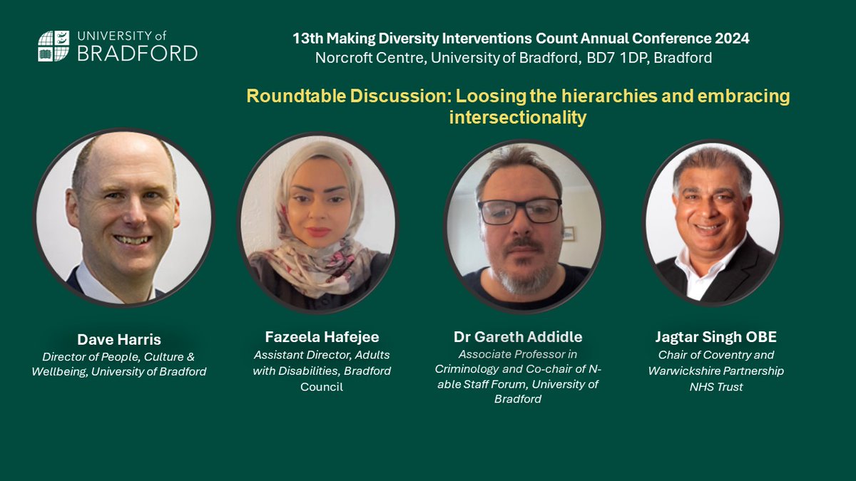 #MDICAC2024 at the University of Bradford! Roundtable Discussion: 'Loosing the Hierarchies and Embracing Intersectionality' 23rd May, 9am to 5pm at @UniofBradford of Bradford, Norcroft Centre. Book your free ticket today eventbrite.co.uk/e/making-diver… Meet our esteemed panellists: