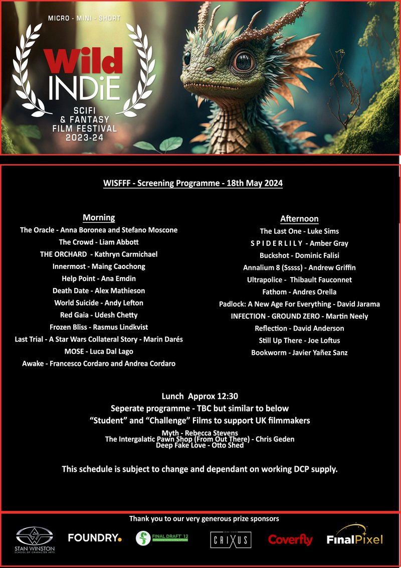 We're excited to learn that our film has been chosen to be screened as part of <a href="/wisfff/">Wild Indie Sci-Fi & Fantasy Film Festival</a> Wild Indie Sci-Fi &amp; Fantasy Film Festival at Genesis Cinema, Bethnal Green, London, on Sat May 18. 
Huge congrats to our whole amazing team! #scifi #filmfestival