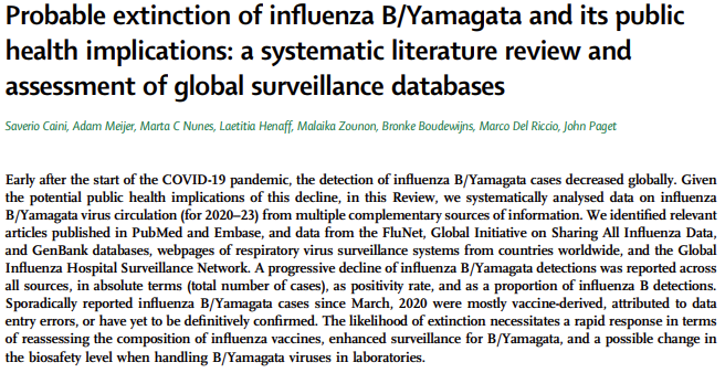 New review article Probable extinction of #influenza B/Yamagata and its public health implications: a systematic literature review and assessment of global surveillance databases thelancet.com/journals/lanmi… #OpenAccess #OA