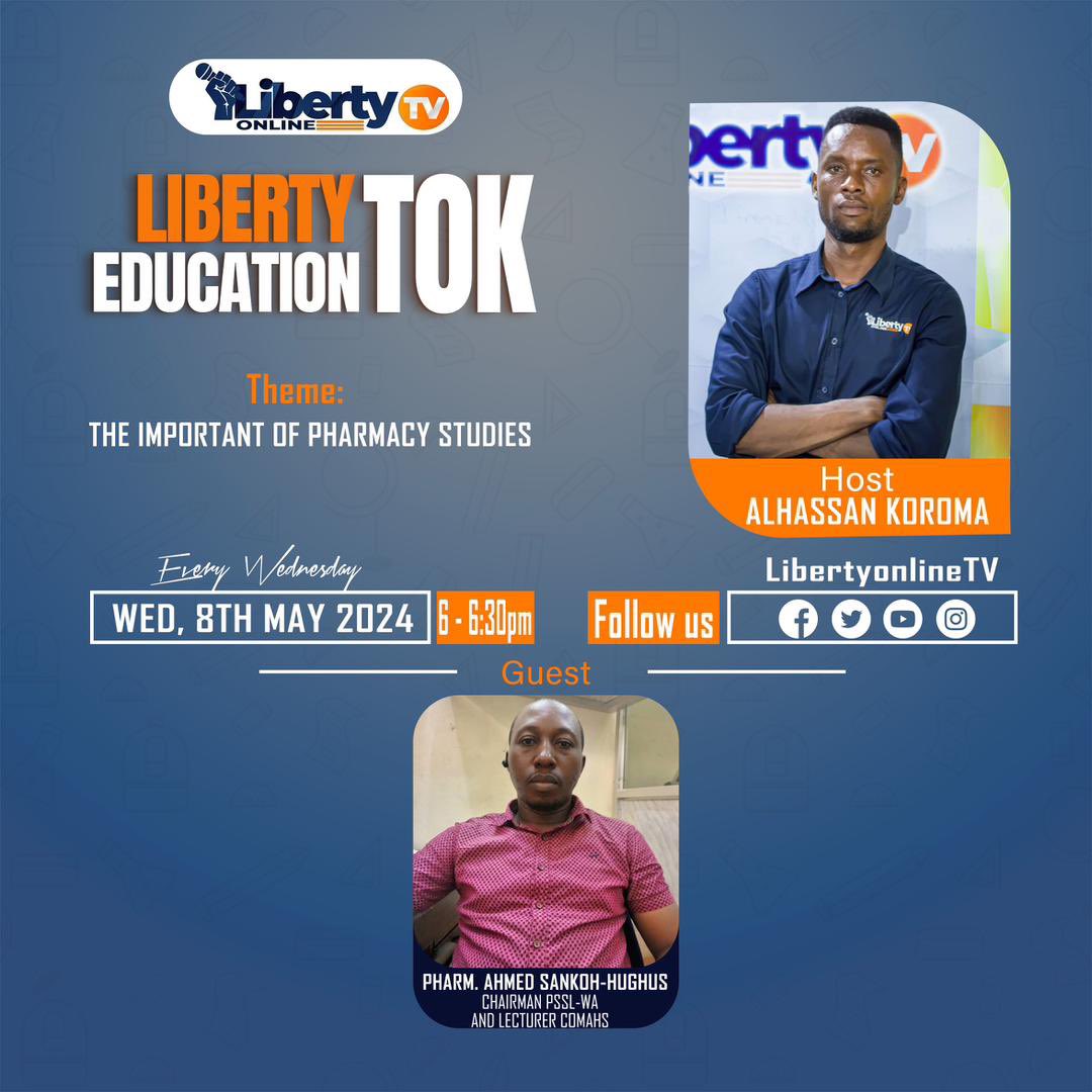 Join us this evening from 6:00 p.m. to 6:30 p.m. on the Liberty Education Tok as host Alhassan Koroma interviews Pharm. Ahmed Sankoh-Hughus, Chairman of PSSL and Lecturer at COMAHS, discussing the importance of pharmacy studies.

#libertybreakfastshow
#libertyonlinetv
#FREE
