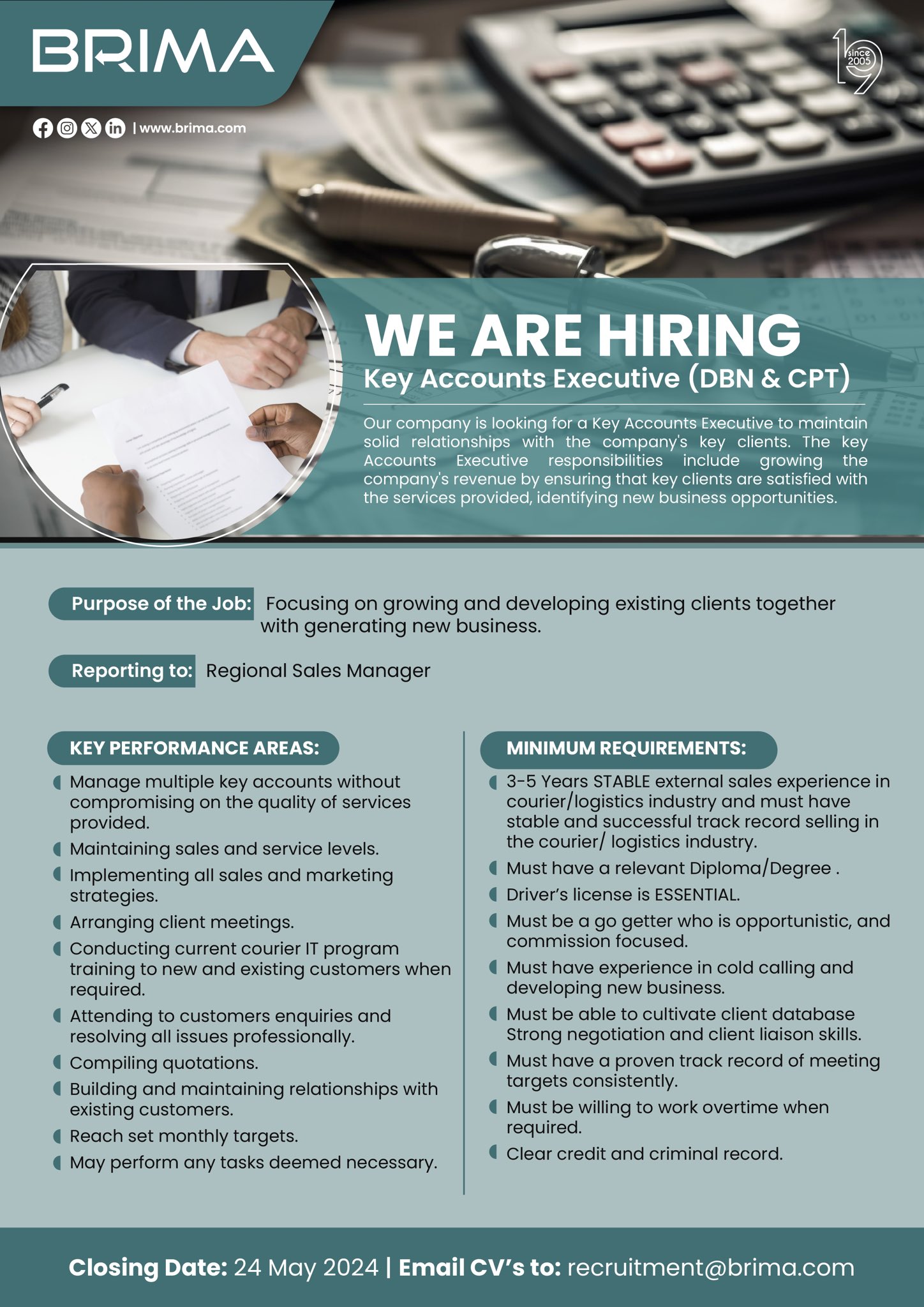 brima BRIMA Logistics is looking for two dynamic Key  Accounts Executives who will be based at our Durban and Cape Town offices.  If you meet the the requirements and