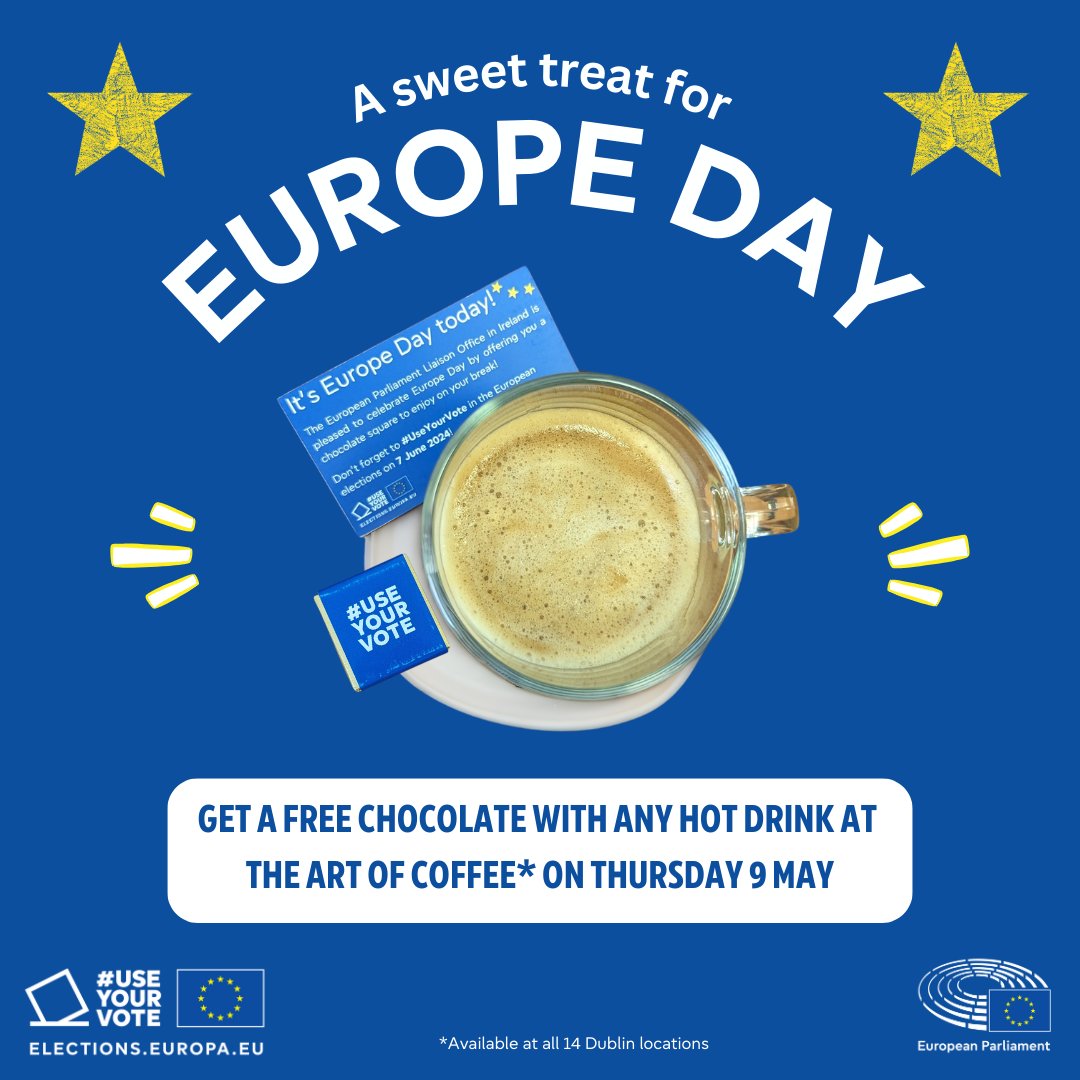 Get your FREE sweet treat for Europe Day at any The Art of Coffee branch around Dublin today ☕🍫 If you pop in, don't forget to tag us in your photos and use the hashtag #UseYourVote! 🇪🇺