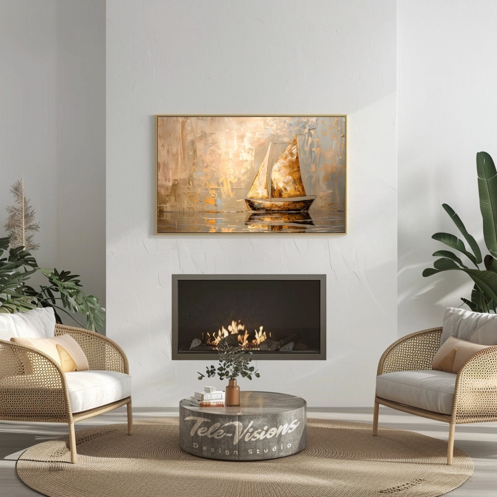 Bring your walls to life with Samsung Frame TV Art Digital Download Golden Sailboat Reflection. Elevate your Samsung Frame TV experience. Link in bio. #SamsungFrameArt #DigitalArtDownload #FrameTVArt #HomeDecor #WallArt #InteriorDesign #ArtForYourTV #DigitalCanvas #GalleryWall #A