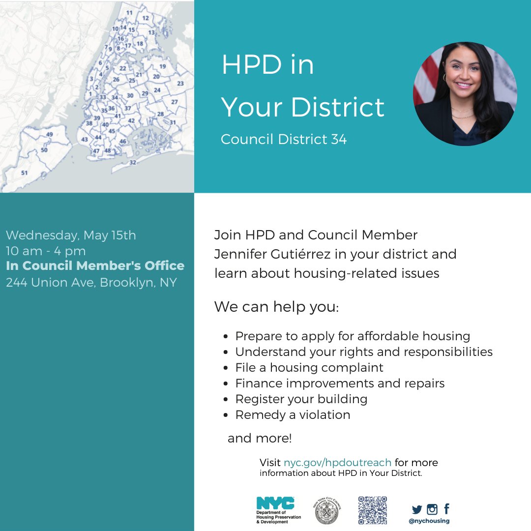 Do you need assistance with housing related issues or want to learn about how to fix them yourself? Throughout the year, Housing Preservation & Development will be at my office to help you in person! Their first visit will be on May 15, 10am-4pm at my office, 244 Union Ave.