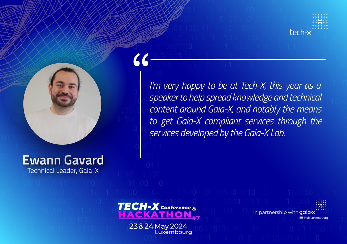 🌟Tech-X is just 2 weeks away & we are happy to have @EwannGavard, Gaia-X Technical Leader, as a speaker. Join him & @ticapix for a Gaia-X 101 workshop where they'll guide you through Gaia-X essentials & how to achieve Gaia-X-compliant services! Register: gaia-x.eu/tech-x-2024/