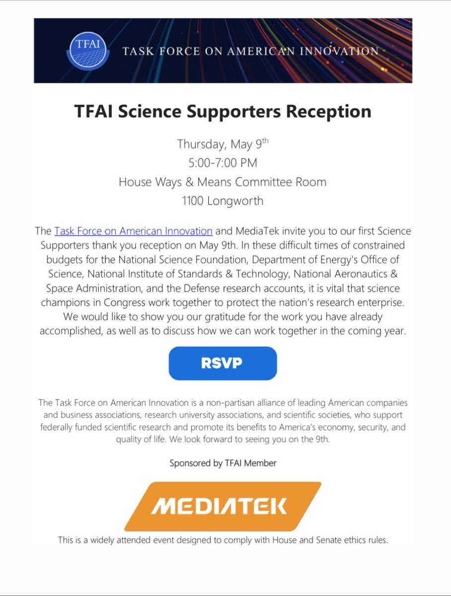 TFAI is proud to host this reception on the Hill with @MediaTek tomorrow. Come join us!
#innovation #scienceresearch