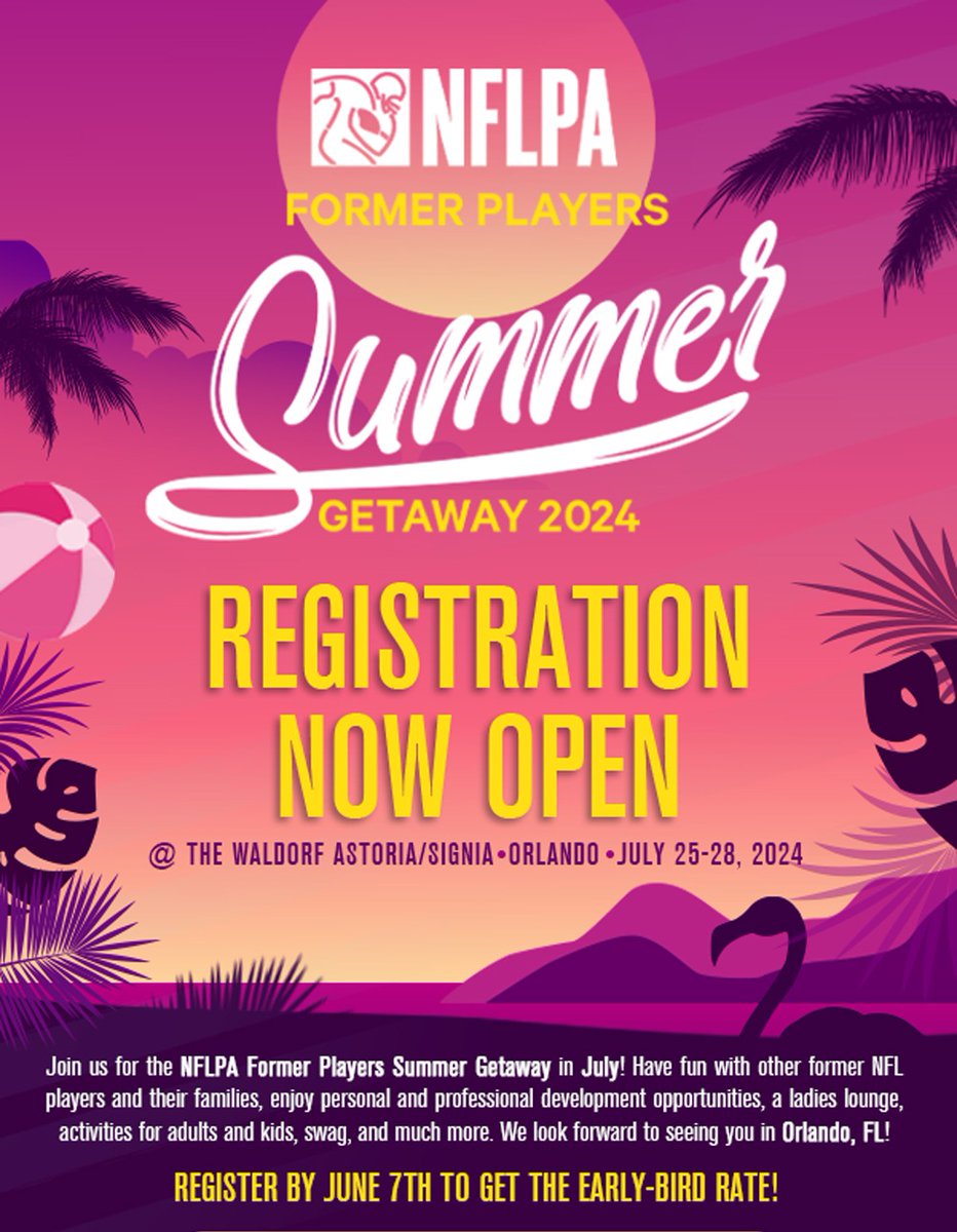 Register Now for the NFLPA Summer Getaway: bit.ly/NFLPASummer24

There will be events for the whole family: yoga, meditation, learning labs, ladies lounge, evening events, tournaments and MORE! 

Get the early-bird rate when you register by June 7th. See you in Orlando!