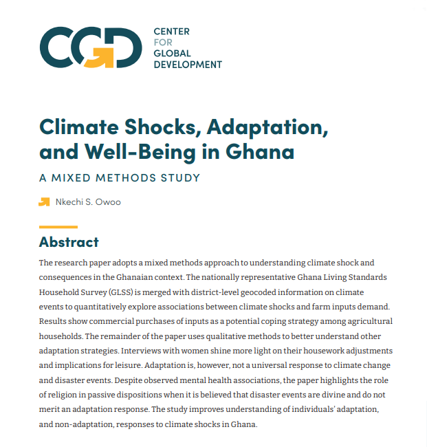 .<a href="/nkechi_owoo/">Nkechi S. Owoo</a> [<a href="/UnivofGh/">University of Ghana</a>] new WP on gender, climate + adaptation in 🇬🇭 for <a href="/CGDev/">Center for Global Development</a> 

--&gt; Adaptation strategies include ⬆️ in inputs + pressures on ♀️ domestic work ~ however are not universal + influenced by religious and cultural factors

#EconTwitter 

cgdev.org/publication/cl…