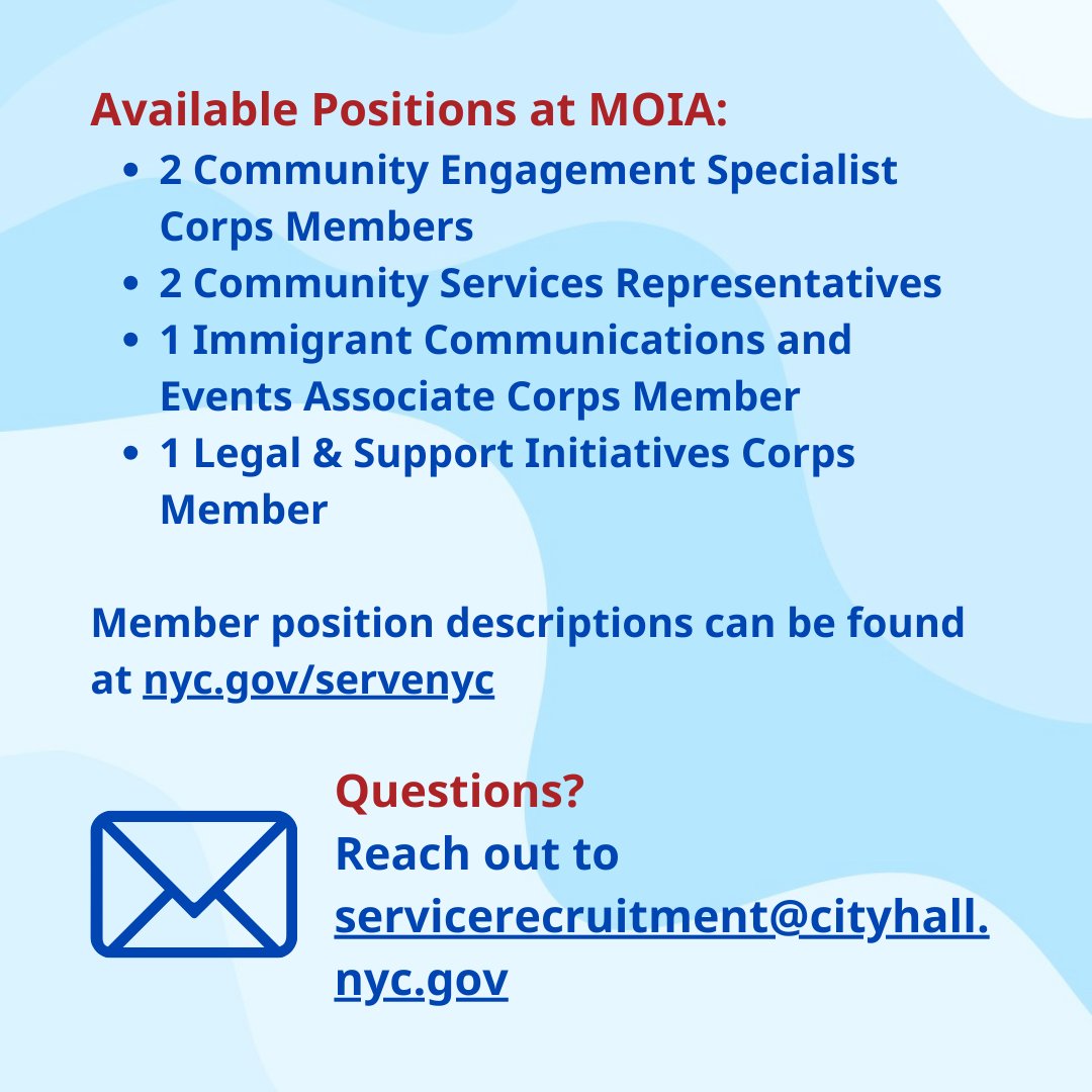 We are accepting applications for AmeriCorps members to serve with @NYCService at MOIA! Member opportunities are open on our communications, legal, community services, and community engagement teams. Visit nyc.gov/servenyc to apply today.