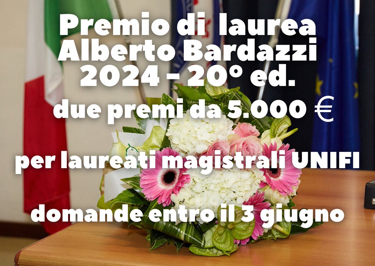 C'è tempo fino al 3 di giugno per candidarsi alla 20° edizione del Premio Alberto Bardazzi, il premio per tutti i laureati magistrali dell'Università di Firenze. Bando su pin.unifi.it/premio-bardazzi @UNI_FIRENZE @comunepo @quiprato @officinagiovani @Informagio @giovanisi