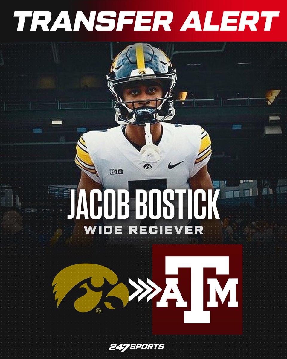 Texas A&M gets a commitment from Iowa receiver transfer Jacob Bostick. He visited the Aggies this week and said the people there from head coach Mike Elko and receivers coach Holman Wiggins to quarterback Conner Weigman made the difference. 247sports.com/article/jacob-…