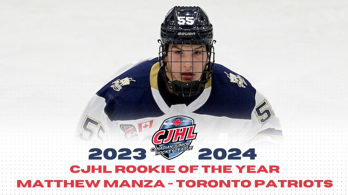 Congratulations to <a href="/patriotsjra/">Toronto Patriots</a> Matthew Manza of the <a href="/OJHLOfficial/">OJHL</a> who has been named 2023-24 CJHL Rookie of the Year 🏆

#CJHLHockey | 📸 <a href="/byrnemuir/">Shawn Muir</a>/<a href="/ojhlimages/">OJHL Images DOP</a> 

Read ➡️ cjhlhockey.com/en/toronto-pat…