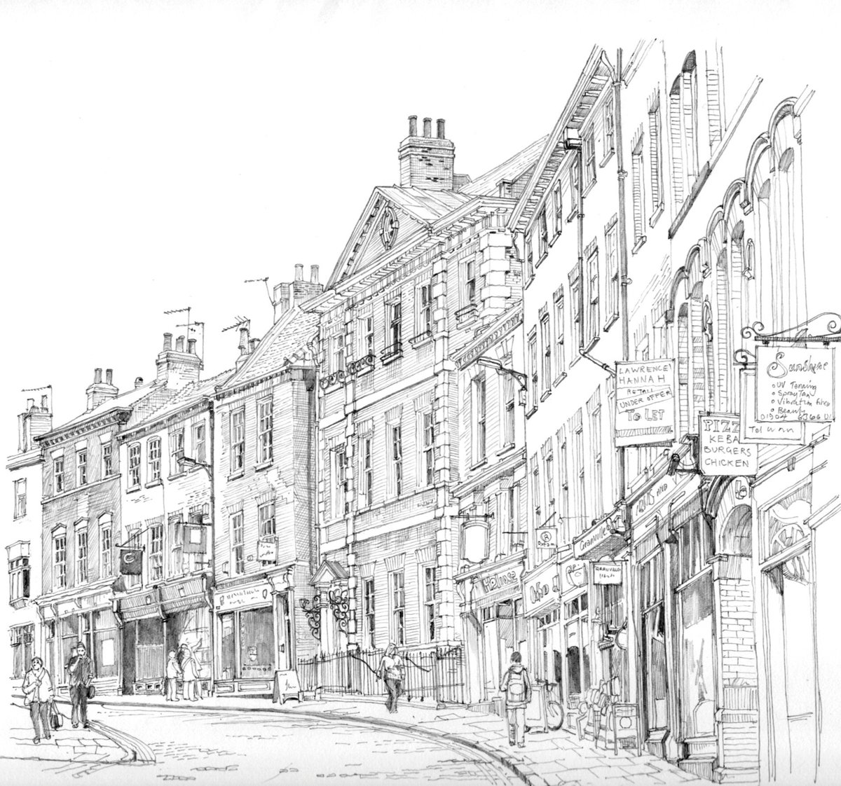 Micklegate, York from the bottom of the hill. In the centre is Garforth House with its ornamental lamp brackets, built in the mid 18th century, possibly designed by John Carr. 

@Serlianna @Davidjsalter @yorkcivictrust #pencil #drawing