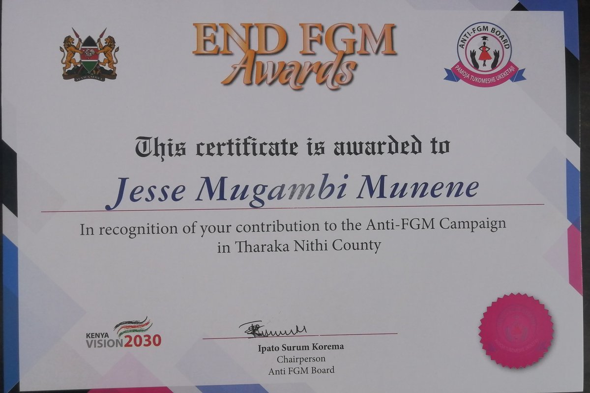 At least, I got recognized for trying to make Kenya a FGM free country by the year 2030. The mentorship provided by comrade @TonyMwebia has been very instrumental. The entire @MenEndFGM, thankyou for holding our hands.