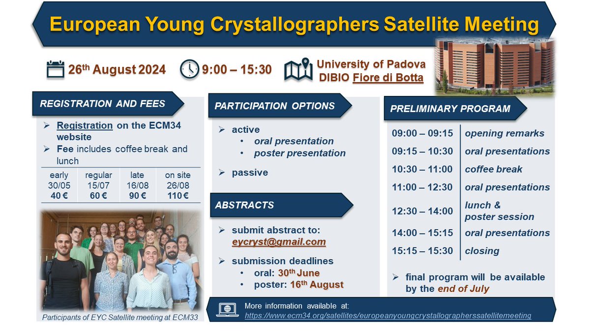 Registration for the EYC Satellite meeting is open! Early bird registration fee (40 €) is valid until 30th May. Abstracts should be submitted before 30th May (oral) and 16th August (poster) ecm34.org/satellites/eur…