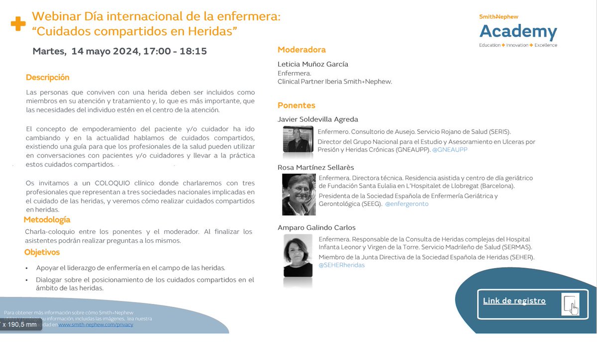 🗓️ 14/05 Celebramos el Dia Internacional Enfermera
 💻Webinar: Cuidados compartidos en heridas
 Registrate: ➡️bit.ly/3UAaEio

#enfermeria #cuidadoheridas #cuidadoscompartidos
 <a href="/GNEAUPP/">@gneaupp</a> <a href="/SEHERidas/">Sociedad Española de Heridas SEHER</a> <a href="/enfergeronto/">SEEGG</a>