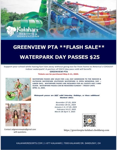 Greenview PTA is selling day passes to Kalahari for just $25! Check it out: greenviewpta-kalahari.cheddarup.com @selschools @selgreenviewmid @mjhs_arcsports