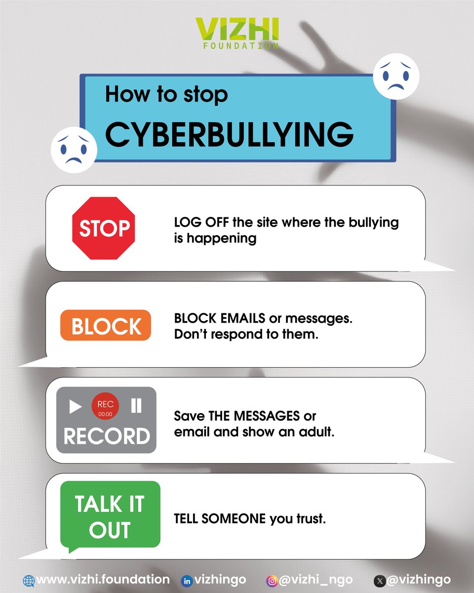 Words can wound up, even in the digital world. Let's choose kindness over cruelty.
Register Your Cyber Crime Complaints at cybercrime.gov.in or call Helpline 1930.

#endcyberbullying #vizhifoundation #digitalwellbeing #screentime #digitalwellness #mentalhealth #cybercrime
