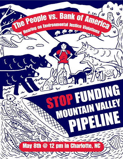 Happening today! Frontline fighters against the Mountain Valley Pipeline + their supporters are going to Bank of America headquarters in Charlotte NC to demand they end their financial backing of the unjust and disastrous MVP.
#StopMVP