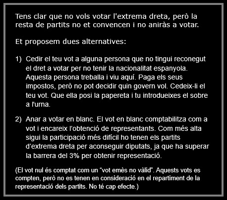 Tens clar que no vols votar ni VOX ni Aliança Catalana, però la resta de partits no et convencen i el #12M no aniràs a votar. Et proposem dues alternatives de compromís antifeixista: 1) Cedir el teu vot 2) Votar en blanc #stopAC #stopVOX Aquí t'ho expliquem: 👇