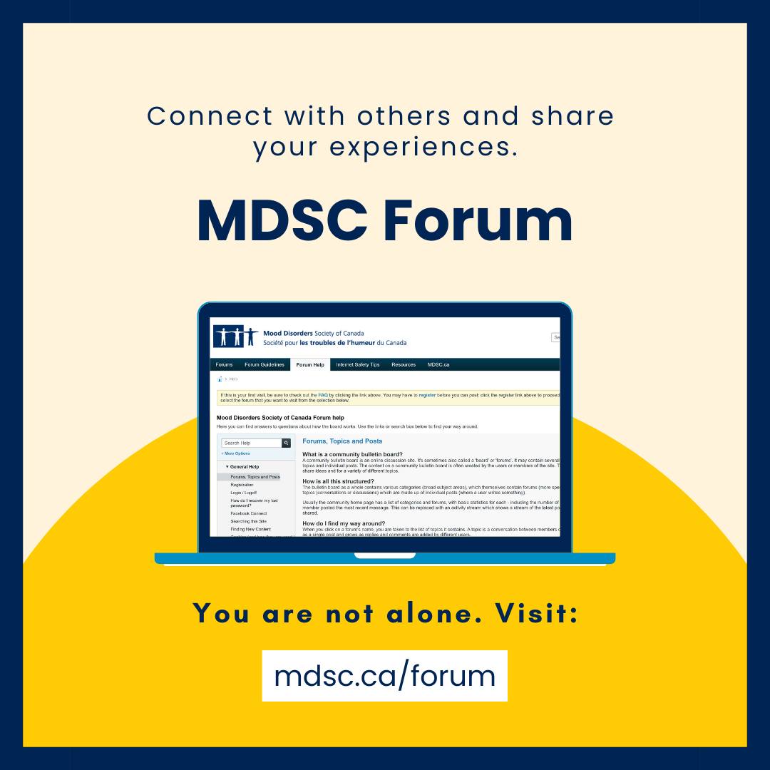 Talking to people who have experienced the same illness you're trying to live with can be very helpful. Our discussion forum is a safe place to talk & start your journey to recovery. Join the MDSC forum: mdsc.ca/discussion-for…  #MentalHealthWeek2024 #MentalHealthAwarenessMonth