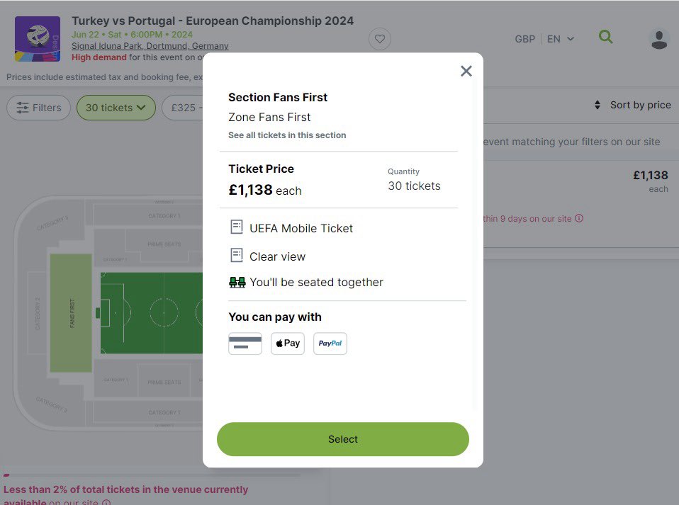 Euro 2024 Türkiye maçları için bilet satışındaki çarpıklıktan bahsetmiştim daha önce. İkinci el satış sitesinde uefa’nın 30 euroya sattığı biletler şu fiyata satışta. Ve yan yana 30 taneye kadar alabiliyorsunuz. Tuhaf işler 🤔