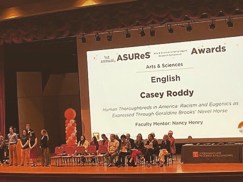 Congratulations to graduating English major Casey Roddy on her award at the <a href="/ArtsSciencesUT/">UT Arts & Sciences</a>’s undergrad research symposium!! And to her faculty mentor <a href="/nancyehenry/">Nancy Henry</a>