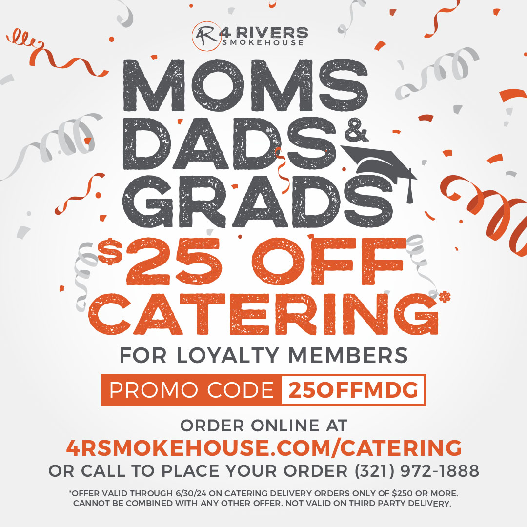 Celebrate with smokin' good BBQ! Loyalty members can get $25 off catering orders of $250 or more through June 30th. Order online at 4rsmokehouse.com/catering. 🎉 🎓
