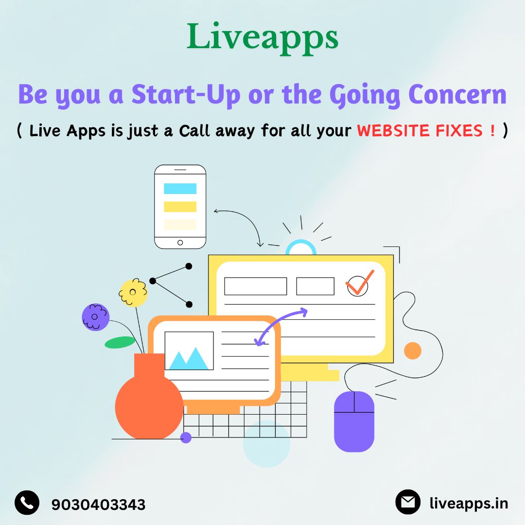 Be you a Start-Up or the Going Concern, (Live Apps is just a Call away for all your WEBSITE FIXES !) - Web Solutions, Web & Mobile Apps Innovation, E-commerce Marvels, Digital Marketing Mastery, IT Consultation.
.
.
.
.
#startuplife #startupproblems #startupsolutions