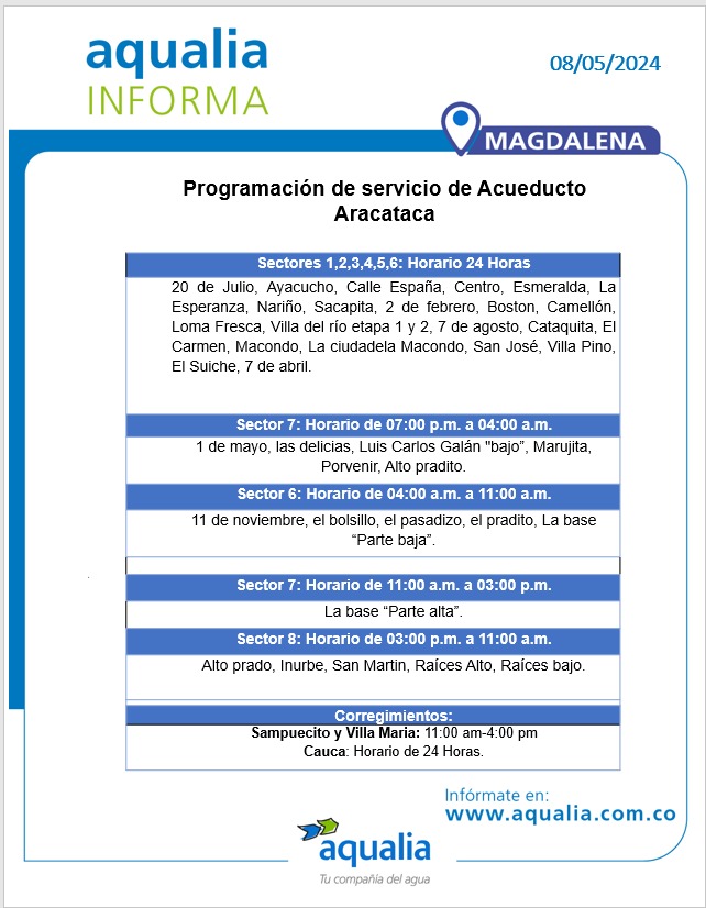 #AqualiaCol_Informa 🇨🇴 | 8 de mayo #Magdalena 📣 Infórmate aquí con nuestro último aviso para #Aracataca.

#AqualiaColombia