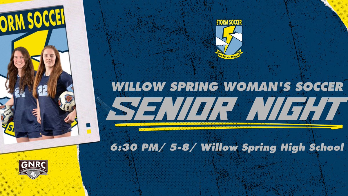 Huge game tonight!

⚡️Come support us as try to lock up our first ever GNRC championship. We will also celebrate our first ever senior class! ⚽️⚡️

📍 Willow Spring High School 
🕐6:30
🆚Cleveland High School