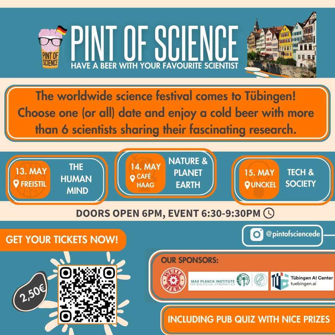 Pint of Science Tübingen is finally here! Join us on May 13-15, and listen to some cool science while sipping on a pint 🍻 Get your tickets at: pintofscience.de/events/tuebing… Event details below 👇 #pint24 #pint24de #Tübingen